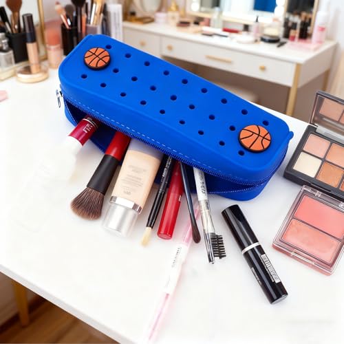 1 Pack Cute Silicone Pencil Case Pencil Pouch with DIY Holes and 3 Decoratives(Random) Travel Makeup Brush Bag suitable for travel home7.81inch (Sea Blue) - color: Sea Blue