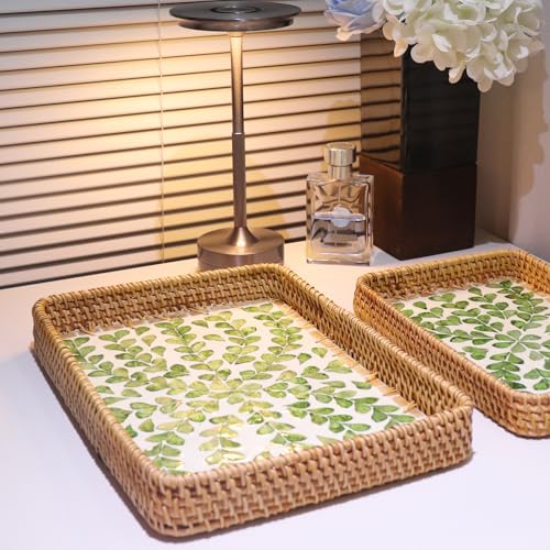 2 Pcs Rectangle Handwoven Rattan Mother of Pearl Inlay Wicker Serving Tray - color: Leaf Spring