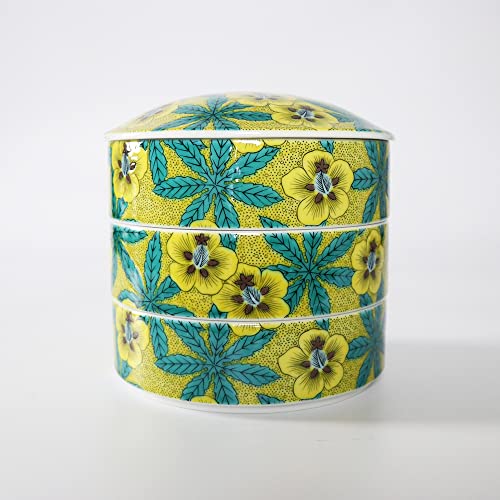 Traditional Japanese Bento Box, 3-tiered, Kutani Ware SK454 (Yellow flower design) - color: Yellow flower design