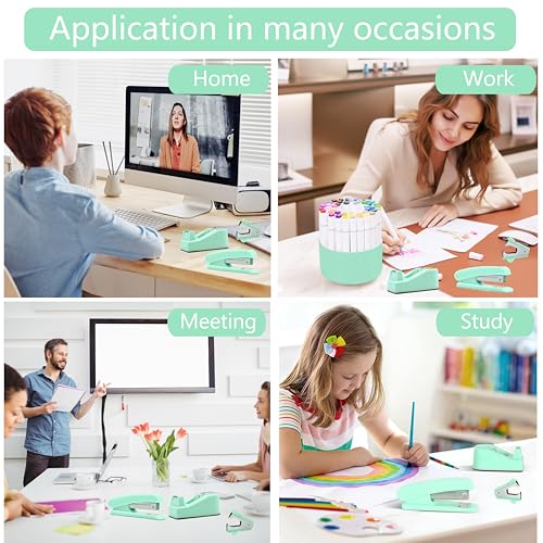 Dimonluce Green Office Supplies, Teal Desk Accessories Accessories with Tape Dispenser, Stapler, Staple Remover, 1000 Staples, Tape, Clips Set, Ruler, Scissor, Pen - color: Green