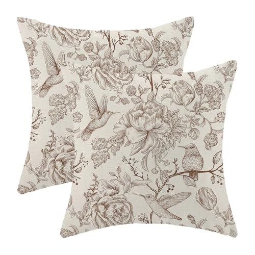 Chinoiserie Pillow Covers 18x18 Pack of 2 Brown Birds Floral Throw Pillow Covers Outdoor Decor Vintage Spring Summer Flower Pillowcase Farmhouse Decorative Square Cushion Case for Couch Sofa - color: Brown Flower Bird 3, size: 18" x 18" (Pack of 2)