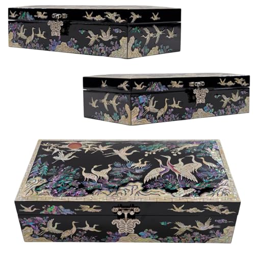 February Mountain Mother of Pearl Jewelry Organizer box - Handmade Large Wooden Box Romantic Anniversary Birthday Gifts for women (Cranes with Red Sun) - style: Cranes with Red Sun