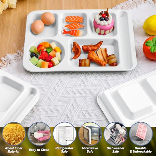 Pinkunn 12 Pcs 14'' Large Divided Plates Unbreakable Wheat Straw Lunch Trays 6 Compartments Cafeteria Trays Microwave Dishwasher Safe Food Separator Plates (White) - color: White