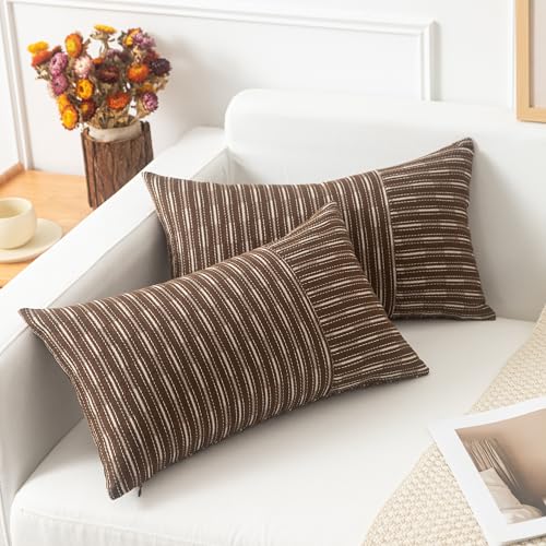 Kevin Textile Brown and Beige Patchwork Farmhouse Throw Pillow Covers 12 x 20 Inch, Pack of 2 Striped Linen Decorative Pillow Case for Sofa Couch Chair Bedroom Modern Decor - color: Brown, size: 20" x 12" (Pack of 2)