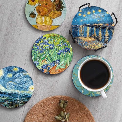 4inch Round Art Painting Style Marble Coaster with Storage Rack 8pcs - color: Van Gogh