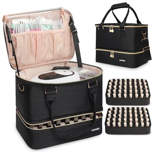 Covkev Nail Polish Organizer Hold 80 Bottles (15ml/0.5 fl.oz)& Nail Lamp, Double Layer Nail Bag Organizer Case with Handle, Large Nail Supplies& Kit Storage Case for Women Travel (Black& Golden) - color: Timeless Black - 80 Bottles