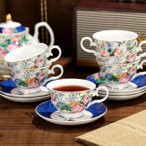 fanquare 21-Piece Blue Lace Porcelain Tea Set, China Coffee Cup and Saucer Set for 6, Pink Flower Tea Sets for Adults Women - color: Light Pink