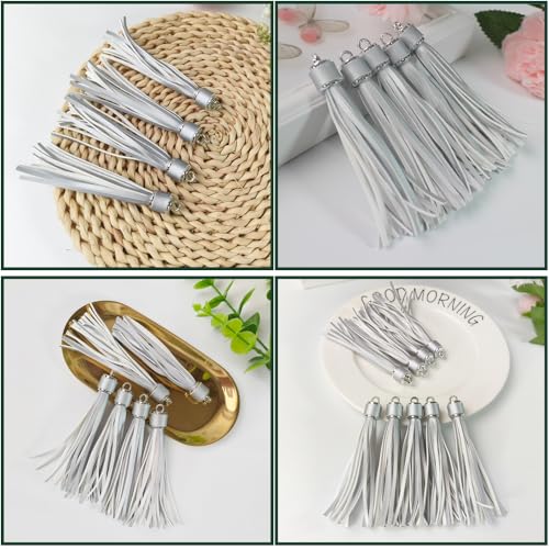 4.3'' Silver Leather Tassels 12Pcs with Silver Caps for Keychains - color: Silver