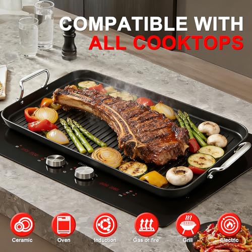 21" x 13" Cast Iron Double Burner Griddle, Non-Stick Stovetop Griddle Pan - size: 21" x 13" x 1"