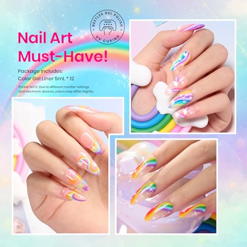 Beetles Rainbow Gel Liner Nail Art Set, 12 Neon Colors with Brush - color: Rainbow