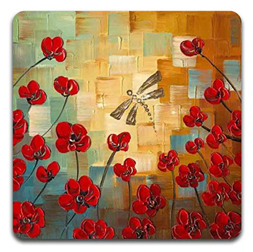 Red Oil Painting Square Coaster Set - Made of Recycled Rubber - Set of 4 - color: Red Oil Painting