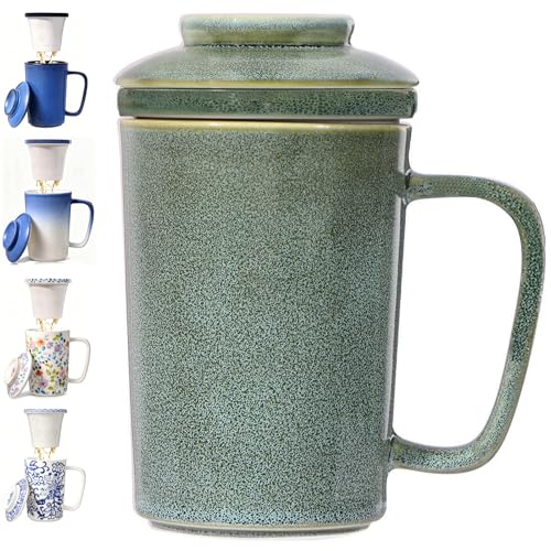 Ceramic Tea Mug with Infuser and Lid,16oz Porcelain Loose Leaf Tea Cup with Large Handle,Metal-Free Filter,Microwave &Dishwasher Safe,Perfect for Tea,Coffee (Sage Green) - color: Sage Green