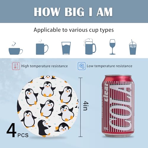 Drink Coasters Set of 4,Cute Penguins Animal Coasters for Drinks Ceramic Coasters with Cork Bottom for Kinds of Mugs and Cups,Home Decor,4'' - color: Cute Penguins Animal