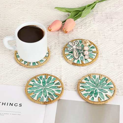 Boho Coastal Coasters Set of 6, Handmade Coasters with Holder, Green Leaf - style: Green Leaf