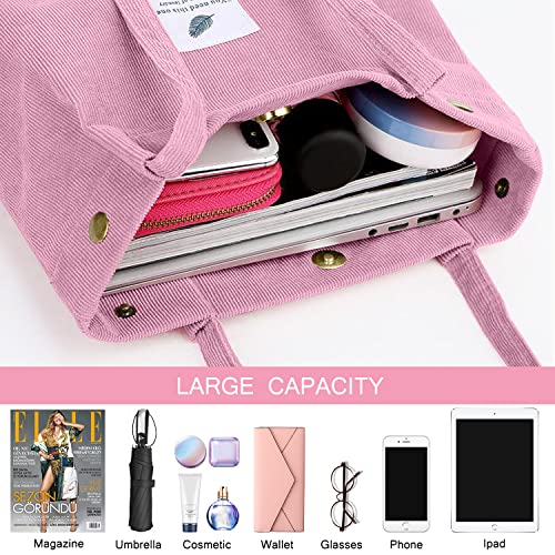 Ayieyill Corduroy Tote Bag for Women Canvas Shoulder Cord Purse with Inner Pocket - color: Pink