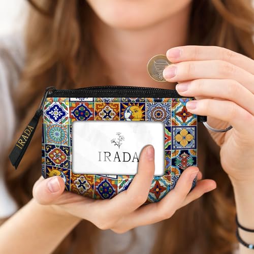 IRADA ID Case Wallet Keychain with Clear ID Window Zipper Cute Coin Purse for Women Water Resistant Small Coin Pouch-Mexican Talavera Tile Keychain Wallet - color: Mexican Talavera Tile-Keychain Wallet
