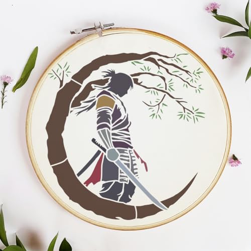 FINGERINSPIRE Samurai of The East Painting Stencil with Brush 11.8x11.8inch Plastic PET Katana Tree Pattern Drawing Template Decorative Hollowed Oriental Theme Stencil for Painting on Wood Canvas - style: Samurai of the East