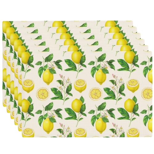 Yellow Lemons Floral Placemats Set of 6 12x18 Inch - color: Yellow Green, size: Set of 6