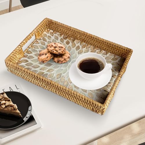 Handmade Mother of Pearl Rattan Serving Tray with Handles 13" x 9" Natural Shell Mosaic Pattern Ottoman Tray for Storage and Display of Coffee Bread Food Fruit (Gold Leaf) - color: Gold Leaf