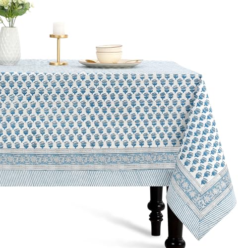 CPC Tablecloth 100% Cotton 70x108 Inch Indian Block Print Rectangle Table Cover, Blue Table Cloth for Weddings, Spring/Summer, Barbeque - Apatite Blue - color: Apatite Blue, size: 108" x 70" (Rectangular)