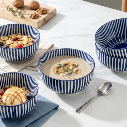 Ceramic Soup Bowls, 28 Ounces Striped Ceramic Cereal Bowls Set of 6 - color: Blue Radial Striped