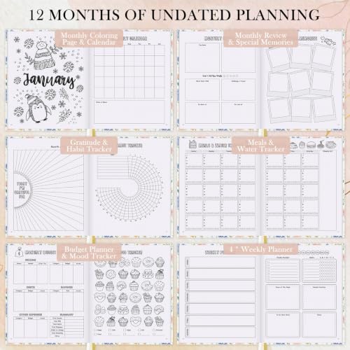 Everloria Premade Dotted Journal Notebook, 12 Months Pre-made Templates, 260 Hand-Drawn Coloring Pages, Undated Weekly & Monthly Planner, 7.8"x9.3" Leather Dot Grid Mood Habit Tracker - color: Floral B