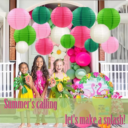 Pink Green Paper Lanterns Decorative 15pcs Party Hanging Decorations for Party Birthday Bachelorette Wedding Birthday Baby Shower Summer Themed Party Anniversary Green Pink White Room Decor - color: Hot Pink,pink,grass Green,chistmas Green,white
