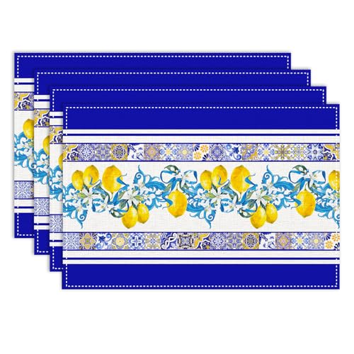 Blue Lemon Placemats Set of 4, 12x18 Inch Navy Blue Vintage Baroque Summer Fruits Floral Farmhouse Seasonal Spring Holiday Coffee Table Mats for Party Kitchen Dining Decoration - color: Lemon08, size: 4pcs