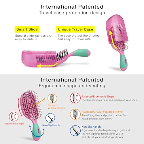 NuWay TravelC Scalp Care Hair Brush with Patented Travel Case – Vented Hair Brush for Scalp Massage, Blow-Dry Styling, Wet & Dry Hair, All Hair Types (Bubblegum Pink) - color: Bubblegum Pink