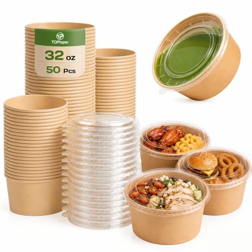 TOPtoper 50 Pcs 32 Oz Large Paper Bowls with Lids, Disposable Soup Serving Bowls Bulk Party Supplies for Hot/Cold Food, Soup (32 OZ) - size: 32 OZ