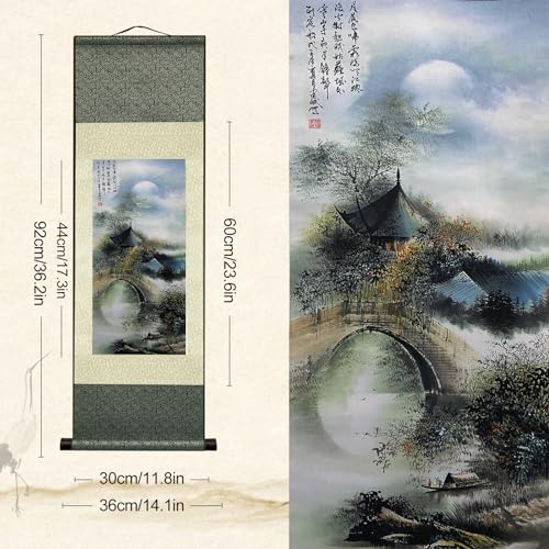 AtfArt Silk Scroll Painting, Waterfall Landscape, Set of 4, 36.2x12in - color: A8