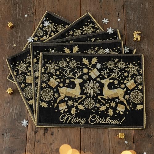 DaDa Bedding Set of 4-Pieces Magical Golden Reindeer Tapestry Placemats - Starry Winter Snowflake Festive Merry Christmas Holiday Yellow & Black - Needle Stitched Woven Table Mats - 13” x 19” - color: Magical Deer