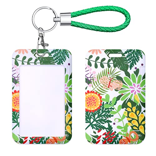 ID Card Badge Holder Key Chain with Metal Keyring, Plastic Slide Open with ID Window for Women Men Girls Students,reen Plant Colorful - color: Colorful Plant
