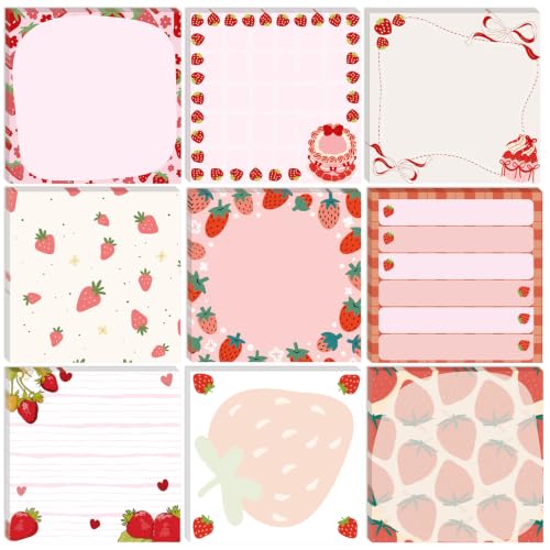 Strawberry Gift Sticky Notes - 9 Pcs Strawberry Desk Accessories Cute Self Adhesive Notepads Birthday Gifts for Students Teacher Back to School Stationary Office Supplies 3x3 Inch - style: Strawberry