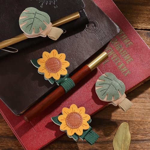 2PCS Vintage Magnetic Leather Bookmark, Leather Magnetic Bookmarks for Women,Unique Book Marks Gifts for Book Lovers， Magnetic PU Bookmarks Clip Book Accessories for Adults & Kids，Sunflower & Leaf - style: Sunflower&Leaf (with Pen Holder)