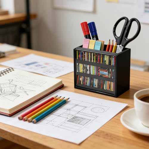 Black Anxiety Bookshelf with 100 Mini Books, Miniature Library Shake Away Your Anxiety, Aesthetic Desktop Bookmark Holder, Pencil Organizer, Bookish Decor, Stress Relief Gift for Avid Readers - color: Black