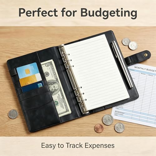 A5 6 Ring PU Leather Binder Notebook Refillable Planner Organizer, Budget Binder with Pockets Dividers Refill Paper for Office School Travel Diary (Black) - color: Black