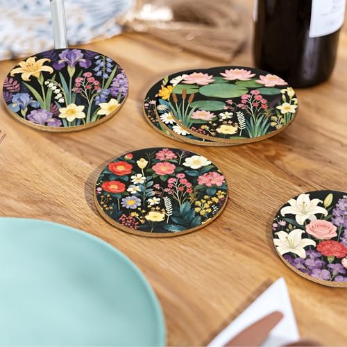 Flower Arrangement Coasters for Drinks with Holder Set of 6, Floral Absorbent Cork Coaster for Cup Desk Office Table Kitchen Decor House Warming Gifts for New Home Couples, Round 4" - color: Flower