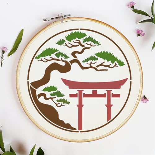 FINGERINSPIRE Japanese Torii Gate Painting Stencil with Brush 11.8x11.8inch Plastic PET Argyro Pine Trees Drawing Template Decorative Hollowed Oriental Theme Stencil for Painting on Wood Canvas - style: Japanese Torii Gate