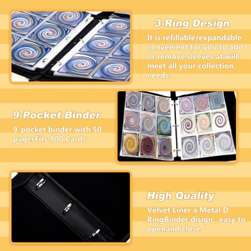 Trading Card Binder, 50 Removable Sleeves, PU material and Waterproof,3 Ring Zipper Portable Collectible Game Card Albums Gifts for Boys and Girls,900 Pockets - size: 900 pockets