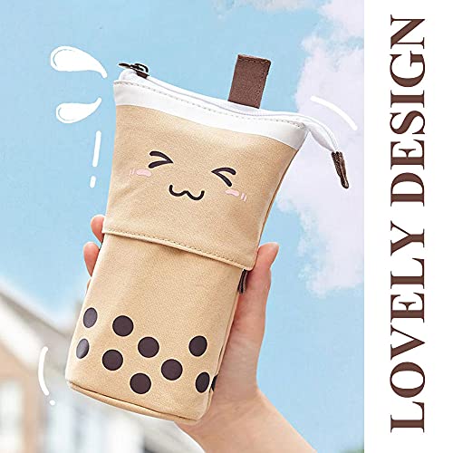 Cute Standing Pencil Case Pen Holder for Kids, Pop Up Stand UP Bubble Tea Pen Organizer Kawaii Stationary for Christmas Holiday New Year Office (Brown) - color: Brown