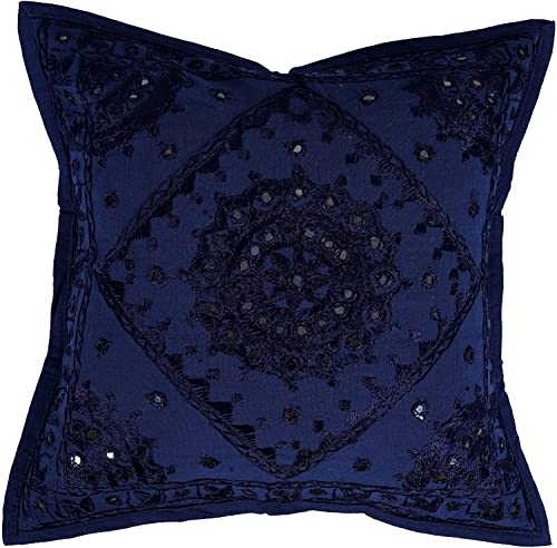 Indian Mirror Embroidered Decorative Sofa Throw Pillow Cushion Cover Boho Bohemia (Color : Blue Size -18 X 18) - color: Blue, size: 18" x 18" (Pack of 1)