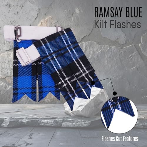 EZE Kilt Flashes for Men with Heavy Buckle Adjusters, Plain & Tartan Kilt Sock Flashes Acrylic Wool - color: Ramsay Blue