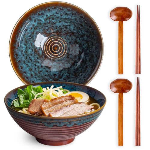 40oz Japanese Ceramic Ramen Bowl Set of 2 with Chopsticks and Spoons for Pho Udon Asian Soup Noodles (Peacock Tail) - color: Peacock Tail