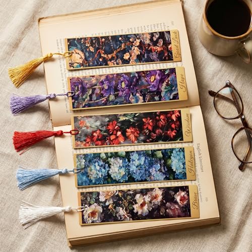 5Pcs Printed Paper Floral Vintage Oil Painting Book Marks with Tassels - color: Set a