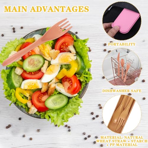 24 Sets Reusable Travel Utensils Set with Case, Wheat Straw Portable Knife Fork Spoons Cutlery, Eco-Friendly BPA Free Plastic Tableware for Kids Adults Travel Picnic Camping Utensils (8 Colors)
