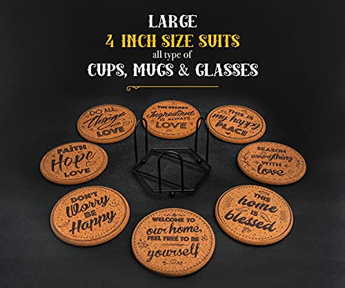 Cork Coasters for Drinks Absorbent with Holder - Cute & Funny Set of 8 Large Round Outdoor Cup Wooden Table Protection, Coffee Trivet, Cups and Mugs Cool Drink Coaster Gift