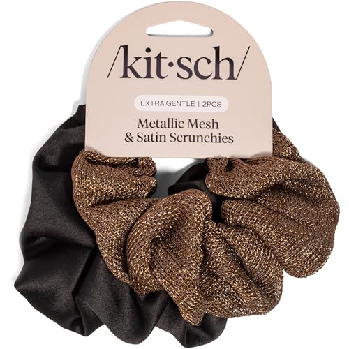 Kitsch Metallic Mesh & Satin Scrunchies For Women - Black & Chocolate, 2pcs - color: Black & Chocolate