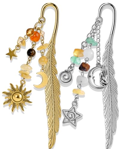 Buleens 2 Pack Bookmarks for Women Reading - Book Marks for Readers Book Lovers, Vintage Sliver Gold Celestial Star Moon Sun Personalized Metal Bookmark with Pendants, Book Accessories Reading Gifts - color: Sliver Gold Celestial