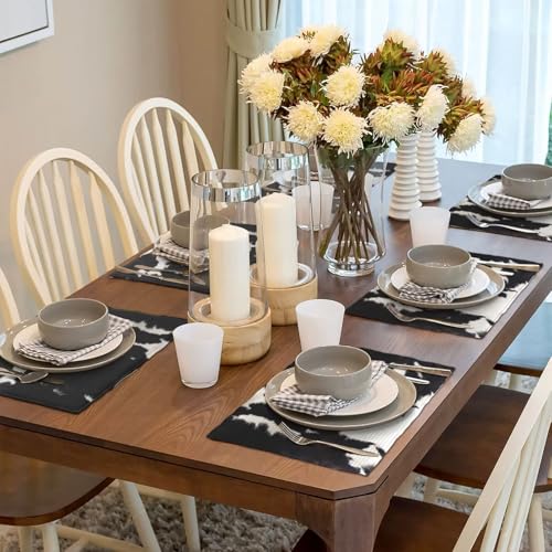 Cowhide Print Placemats Rectangle Linen Table Placemet Set of 6 - color: Black White Brown, size: Set of 6